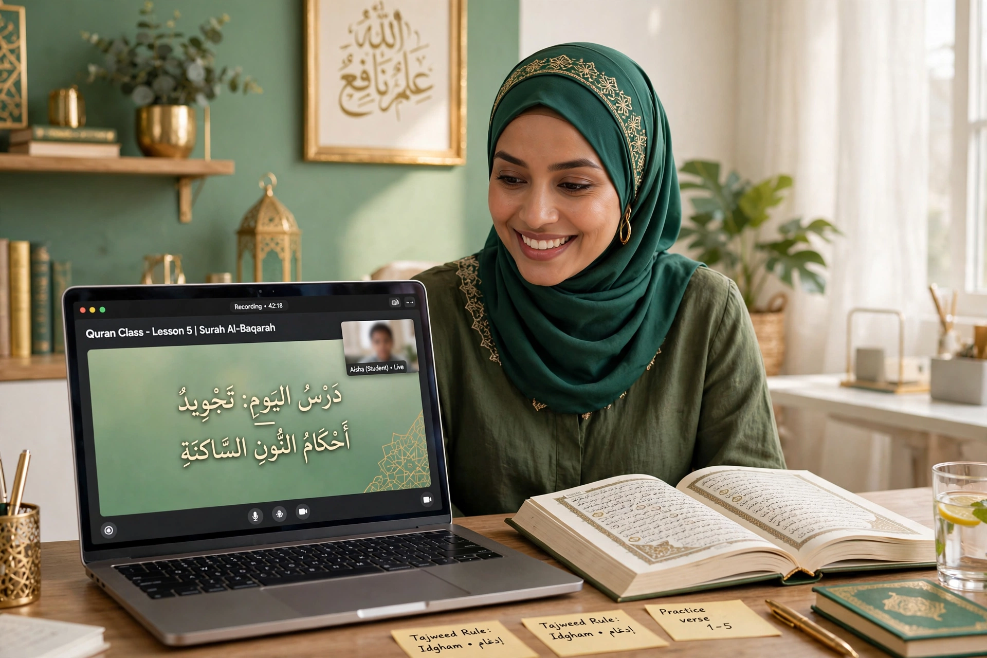 Female Quran teacher giving a live online class for sisters
