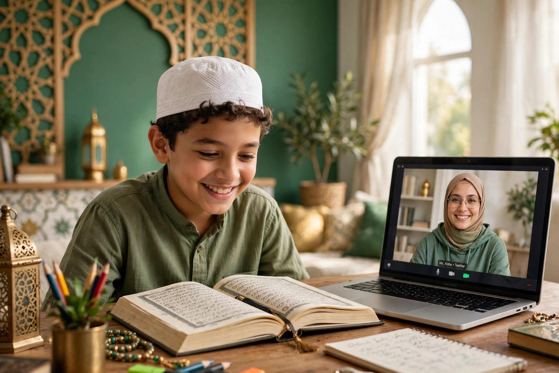 Student learning the Quran online with a teacher in a live one-on-one video class